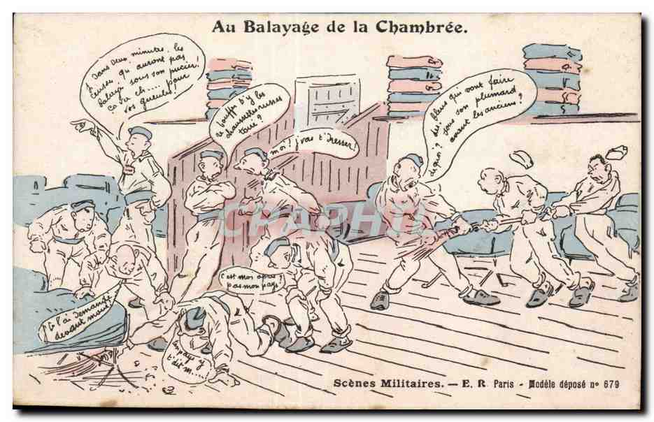 Au Balayage de la Chambrière — Scènes Militaires — E.R. Paris — Modèle déposé n° 679