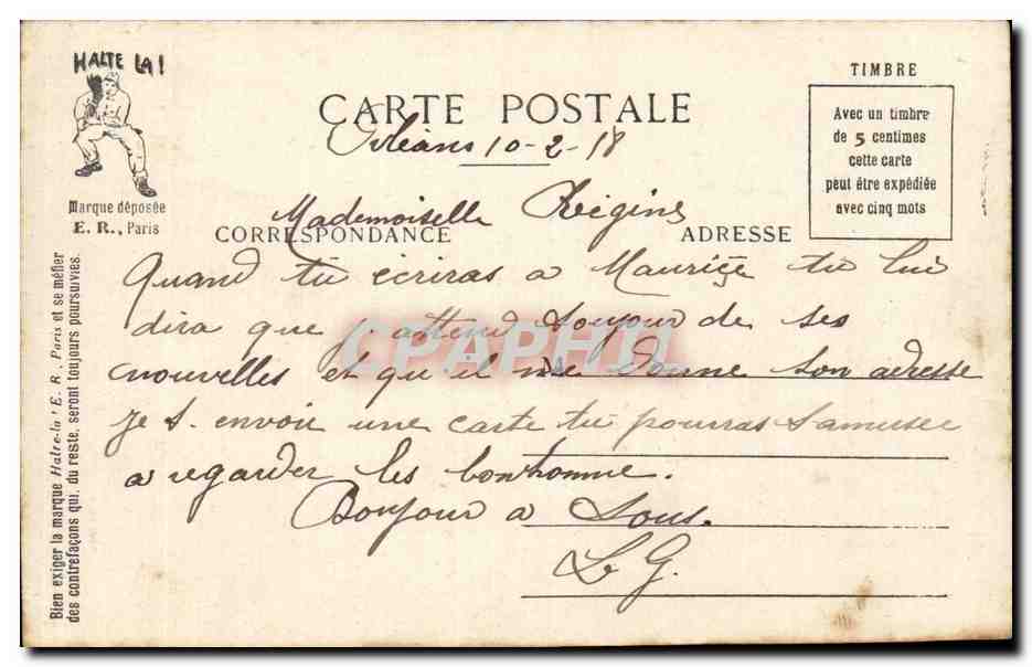 Au Balayage de la Chambrière — Scènes Militaires — E.R. Paris — Modèle déposé n° 679 — Reverso
