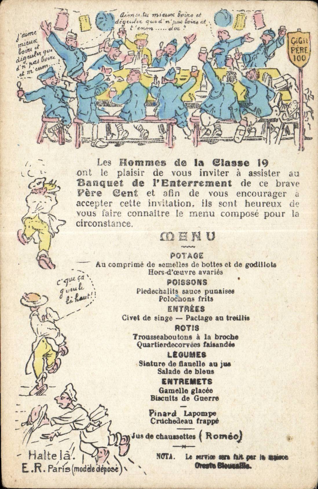 Banquet de l'Enterrement de Père Cent — Les Hommes de la Classe 19 — E.R. Paris (modèle déposé)
