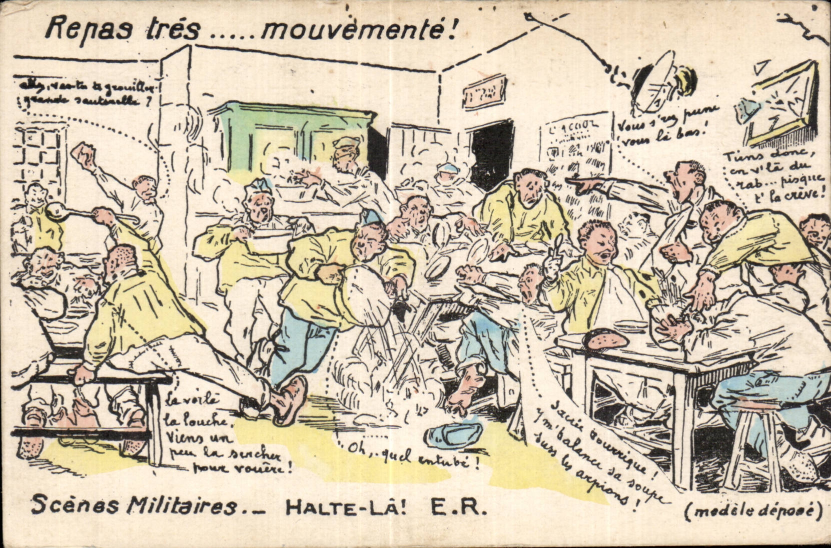 CPA Fantaisie Militaria Repas tres mouvemente Scens militaires Halte la 