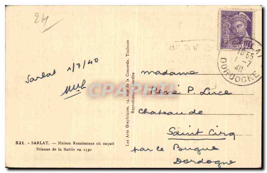 Sarlat - Maiusoin Renaissance ou naquit Etienne de la Boetie - CPA  — Verso