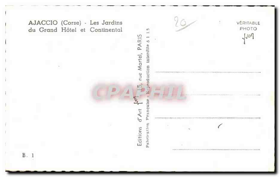 Ajaccio (Corse) — Les Jardins du Grand Hôtel et Continental — Editions d'Art Martel, Paris — Verso