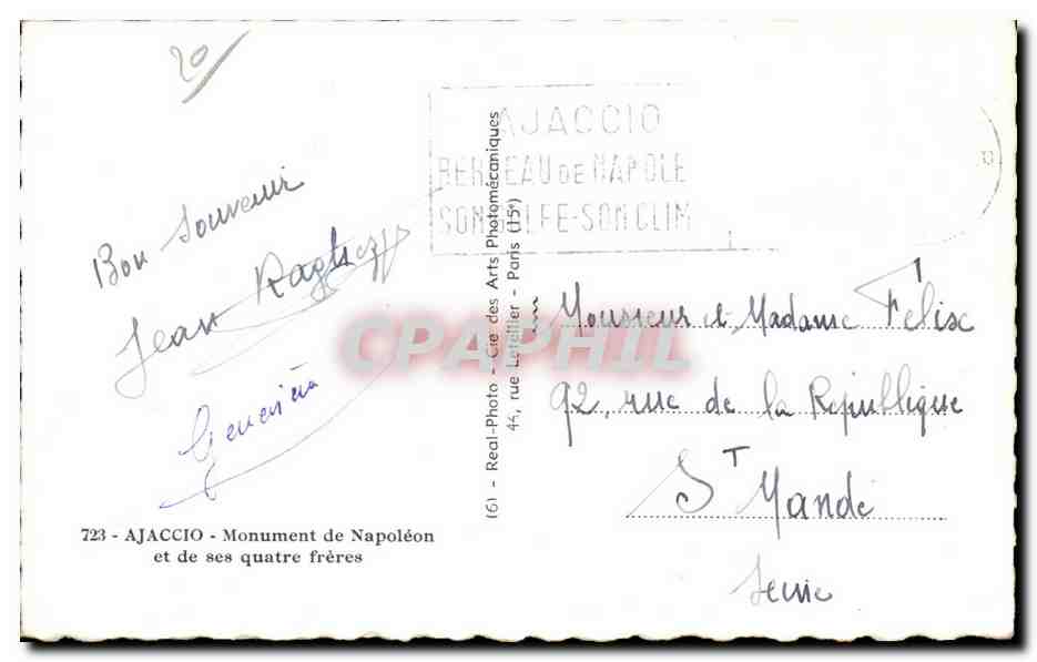 Ajaccio - Monument de Napoléon et de ses quatre frères — éditeur Cap, n° 723 — Reverso