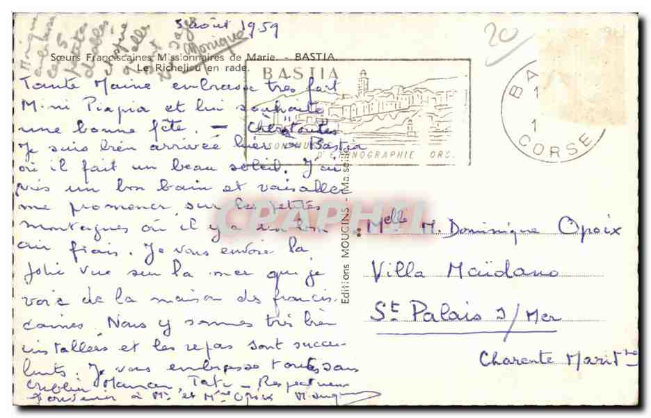 Vue de Bastia — bateau de guerre en mer — éd. Mougins, n° 20 — Verso