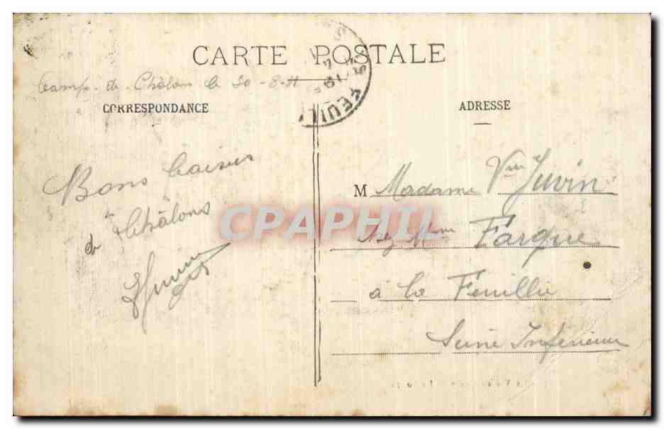 CPA Militaria La vie au camp La soupe Camp de Chalons — Rückseite