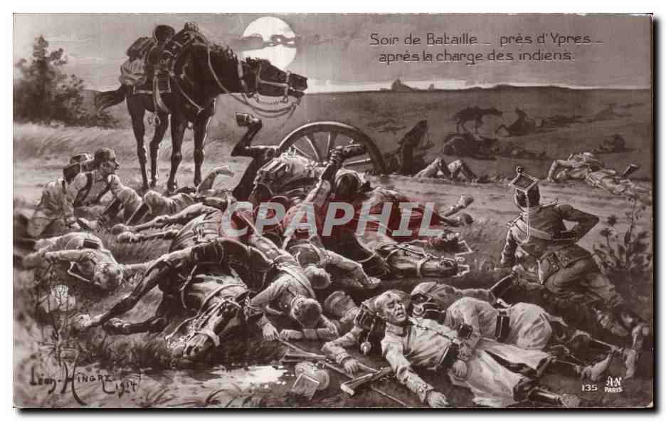 CPA Militaria Soir de bataille pres d Ypres apres la charge des indiens 