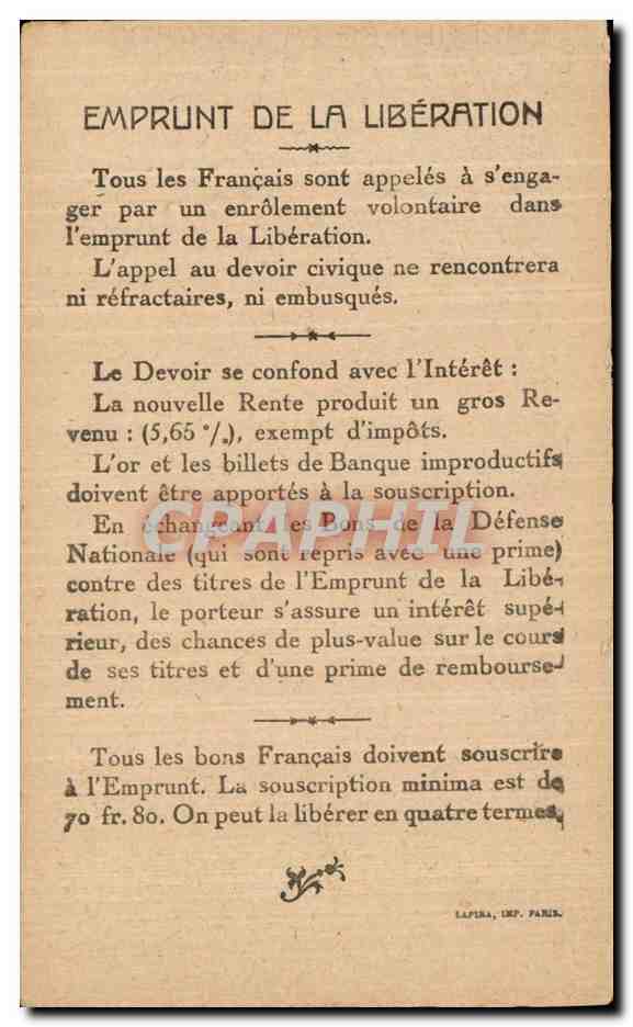 CPA Militaria Emprunt de la nation Marechal Joffre Ne a Rivesaltes Commandant en chef des armees du Nord Bataille Marne  — Rückseite