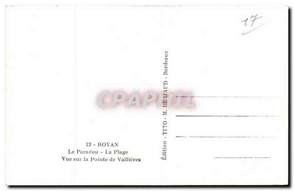 Royan - La Plage — Vue sur la Pointe de Vallières — Édition M. TITO - Bordeaux — Verso