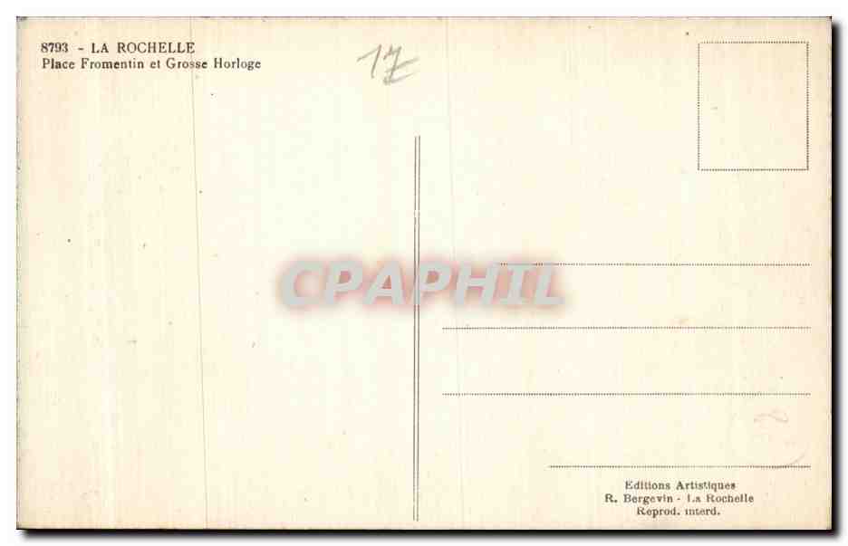 La Rochelle - Place Fromentin et Grosse Horloge - CPA — Verso
