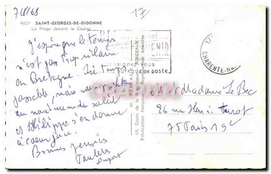Saint-Georges-de-Didonne — La Plage devant le Casino — éditeur M. Renaud — Rückseite