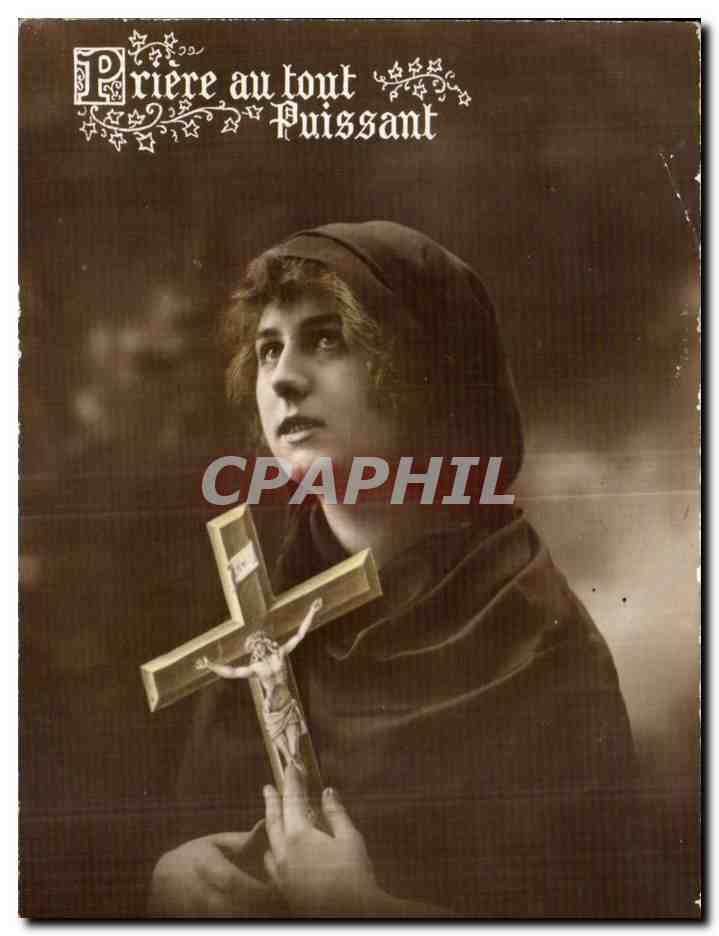 CPA Fantaisie Femme Priere au tout puissant Croix Jesus 