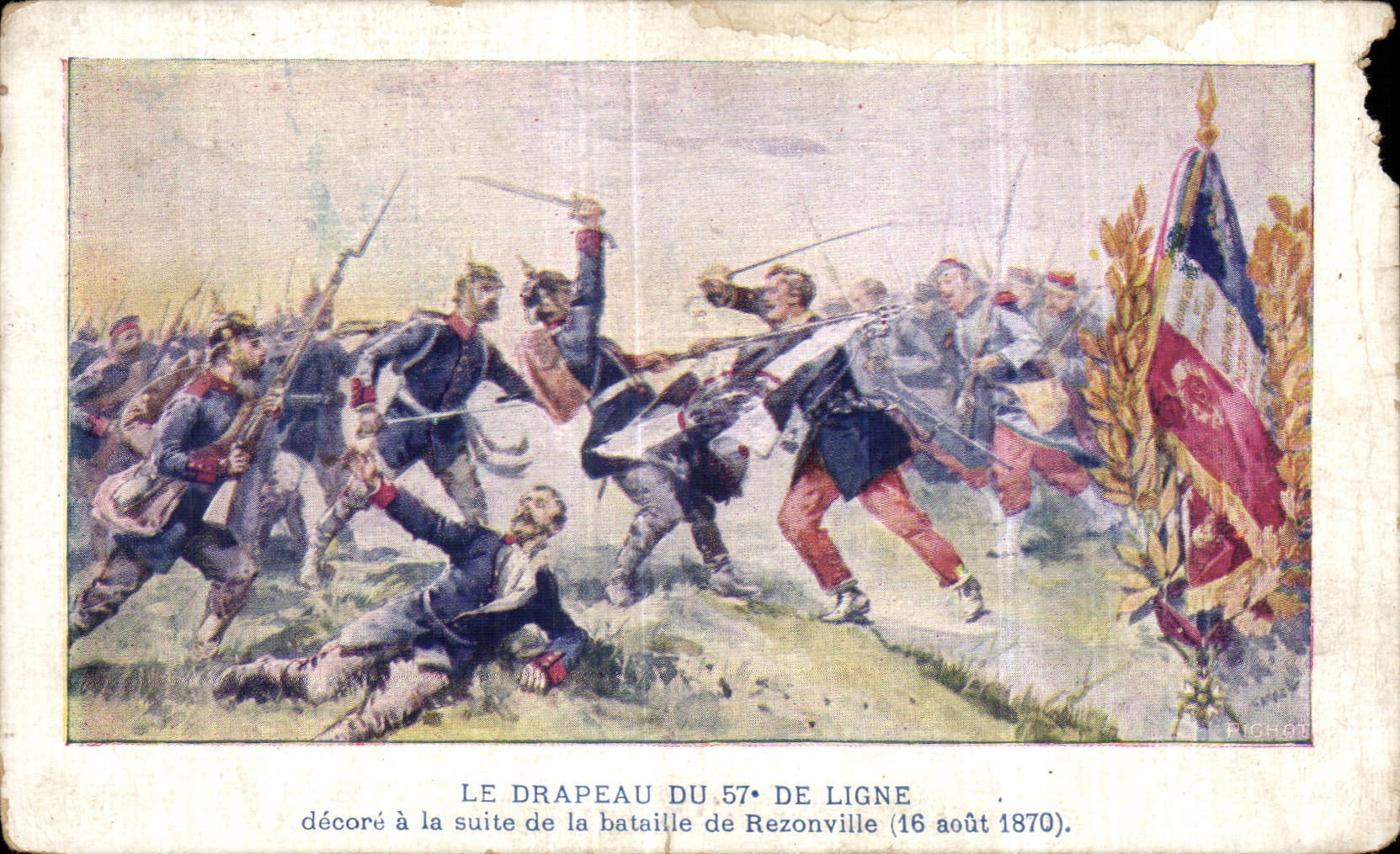 Tarjeta postal antigua Militaria — la bandera del 57° de línea decorada tras la batalla de Rezonville (16 de agosto de 1870)