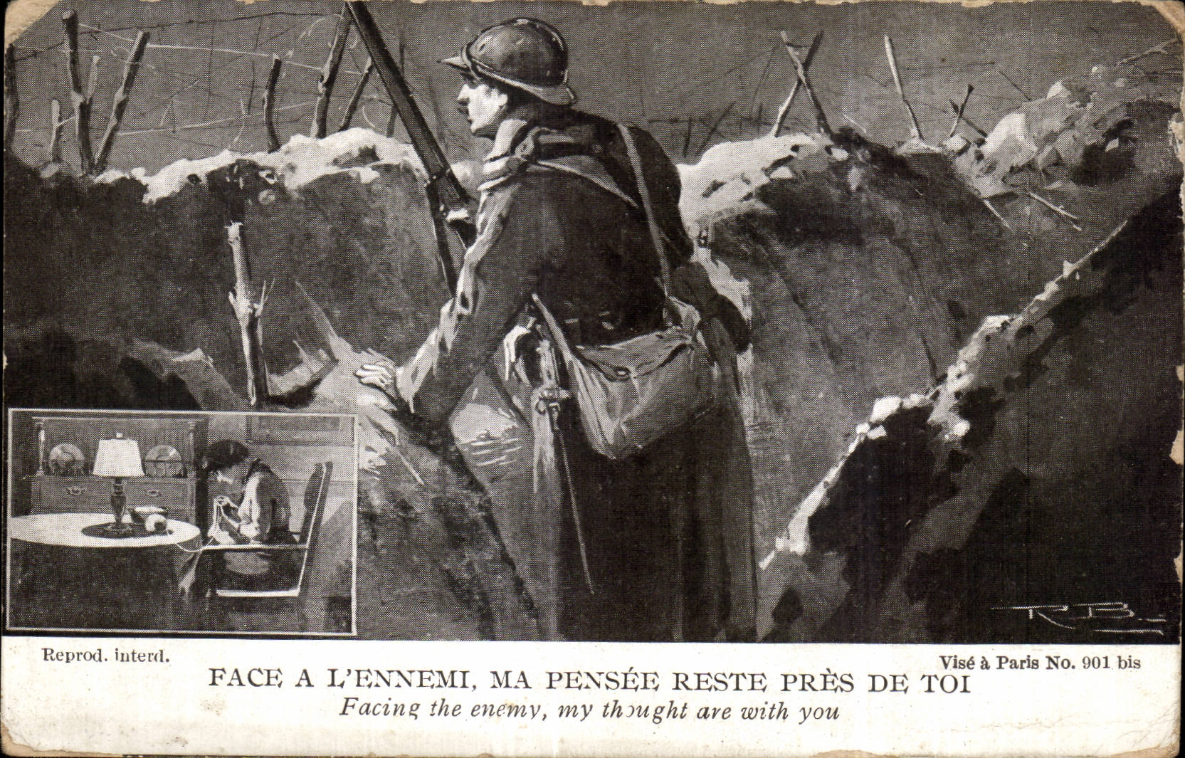 CPA Militaria Face a l ennemi ma pensee reste pres de toi Poilu Soldat