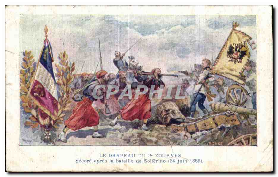 CPA Militaria Le drapeau du 2eme zouaves decore apres la bataille de Solferino (24 juin 1859)