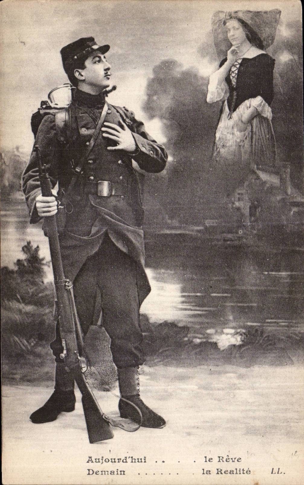CPA Militaria Soldat poilu Le reve La realite Alsace Lorraine 