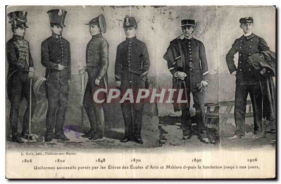 CPA Soldats Uniformes succesifs portes par les eleves des Ecoles d Arts et Metiers depuis la fondation jusqu a Gad zart