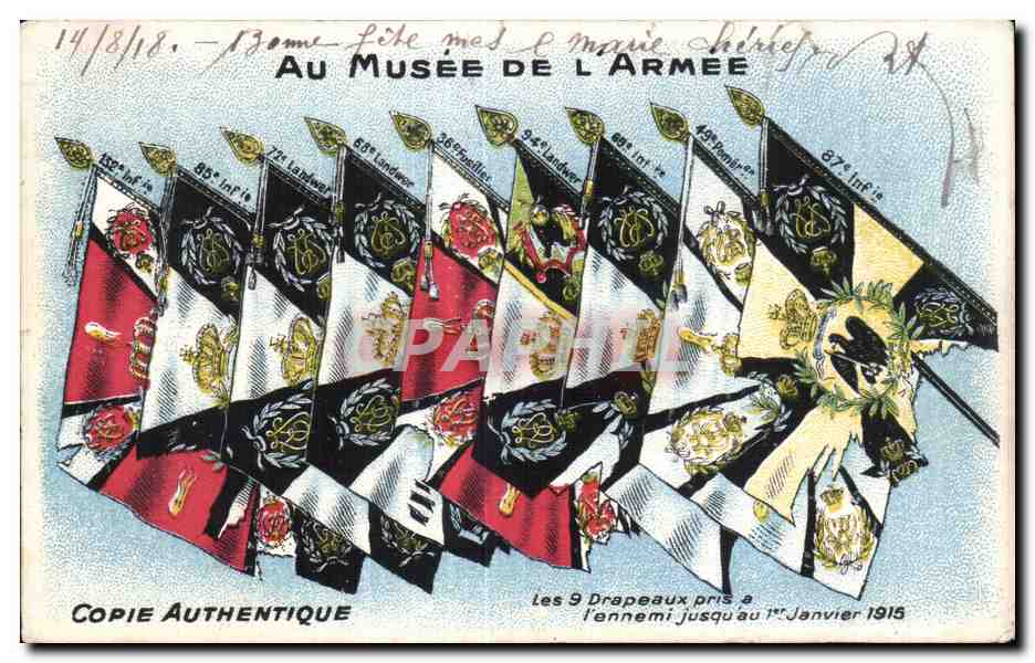 CPA Militaria La grande guerre 1914 Paris Au musee de l armee Les 9 drapeaux pris a l ennemi jusqu au 1er janvier 1915