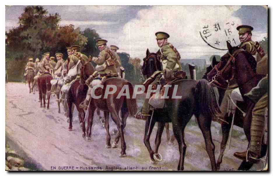 CPA Militaria Hussards allant au front Cheval Horse