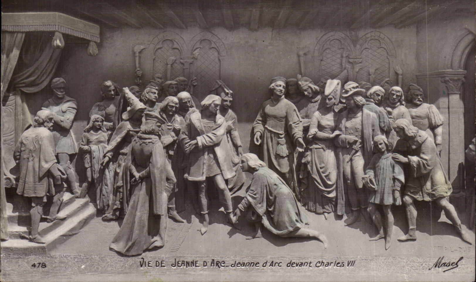 Jeanne d'Arc vor Charles VII — geschnitzte Szene — Masel, Nr. 478