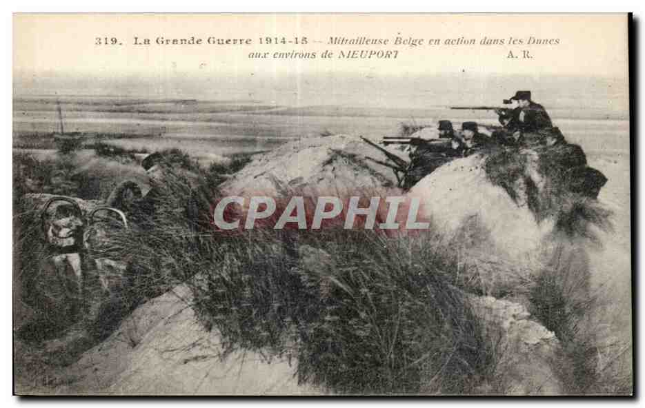 CPA Militaria La grande guerre 1914 1918 Mitrailleuse belge en action dans les dunes aux environs de Nieuport