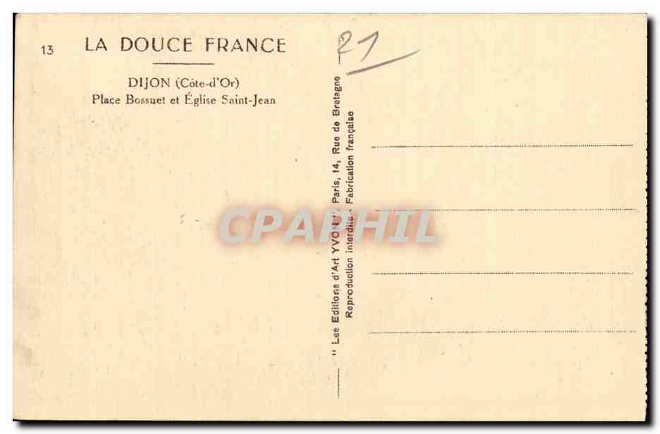CPA Dijon Place Bossuet et eglise Saint Jean — Rückseite