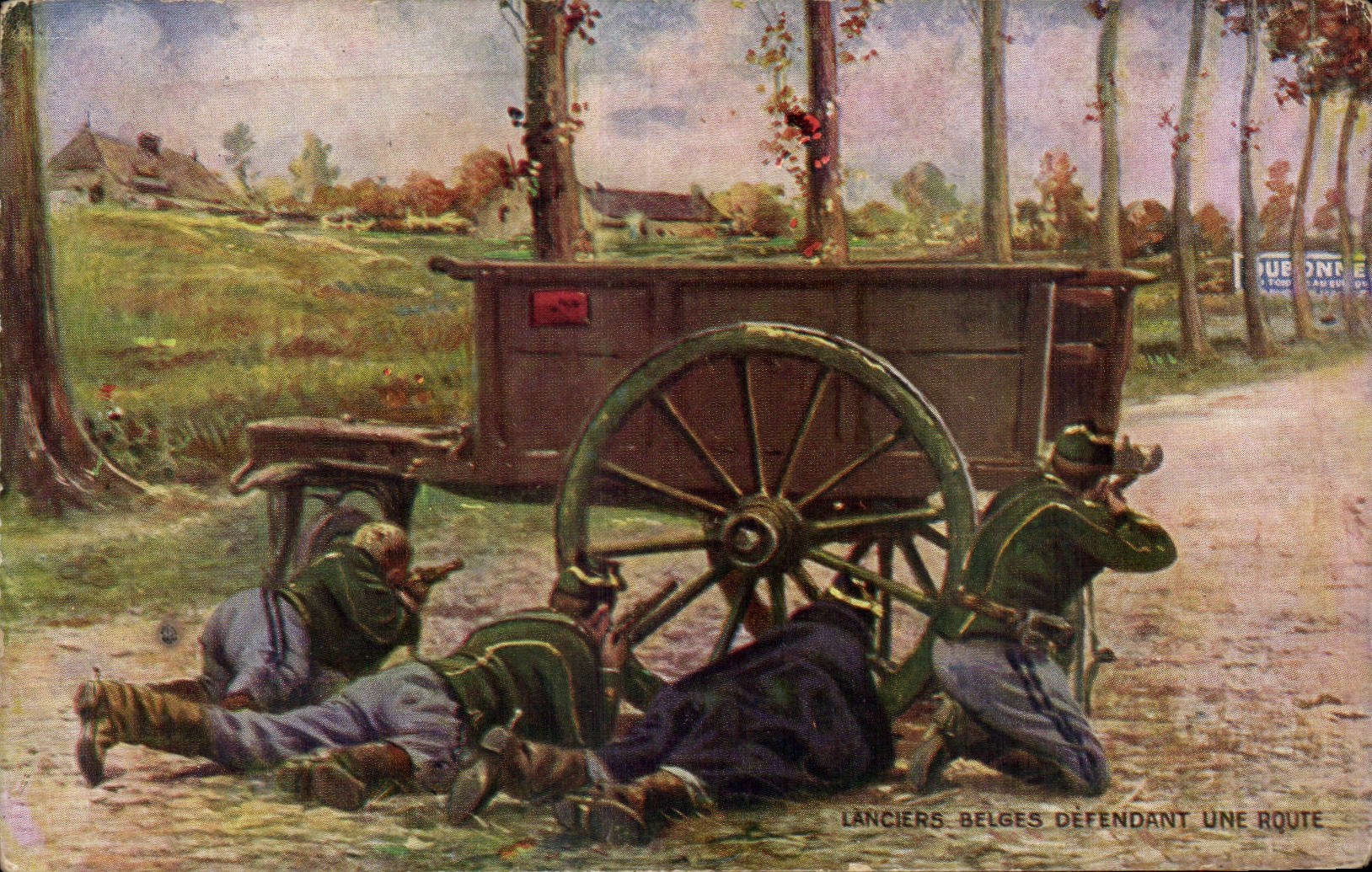CPA Militaria Guerre de 1914 Lanciers belges defendant une route 