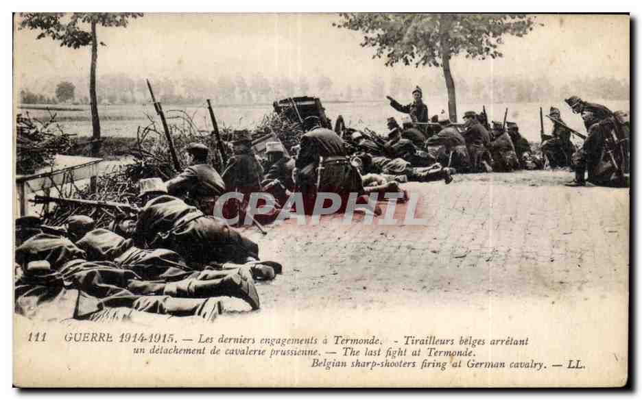 Les derniers engagements à Termonde — Tirailleurs belges arrêtant un détachement de cavalerie prussienne — LL. — N° 111