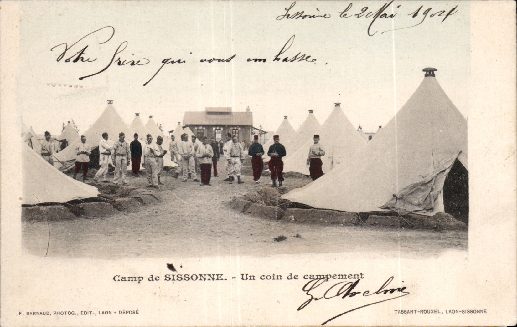 Camp de Sissonne — Un rincón del campamento — F. Barnaud, Fotógrafo, Editor, Laon - Depositado