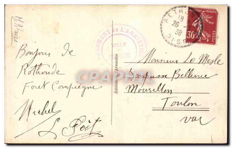 CPA Militaria Photographie prise le 11 novembre 1918 Foch Wemyss Weygand  — Rückseite