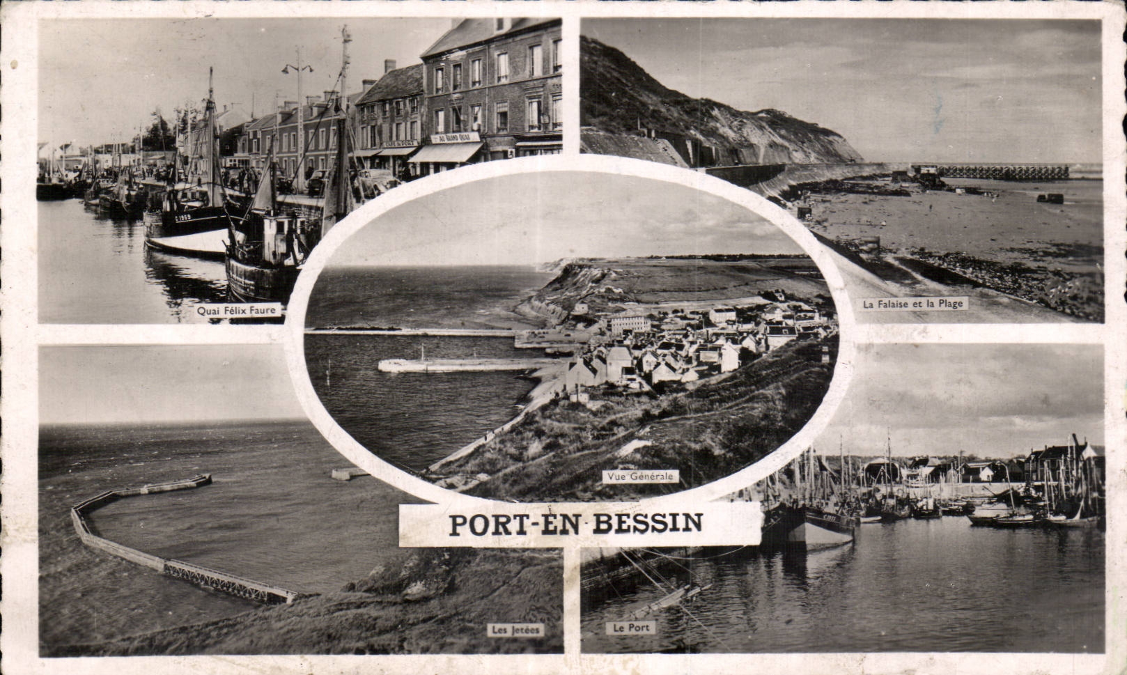 Port-en-Bessin — Vue Générale, Quai Félix Faure, La Falaise et la Plage, Les Jérédes, Le Port — Éditeurs ARTAUD frères et fils, Nantes