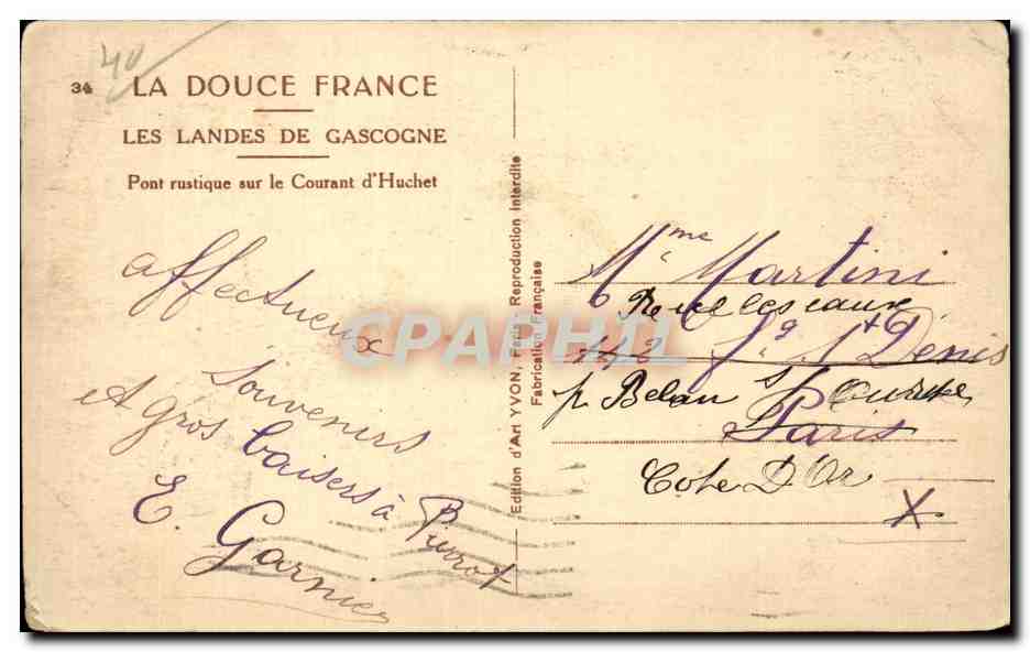 Pont rustique sur le Courant d'Huchet — Les Landes de Gascogne — Édition d'Art YVON — Verso