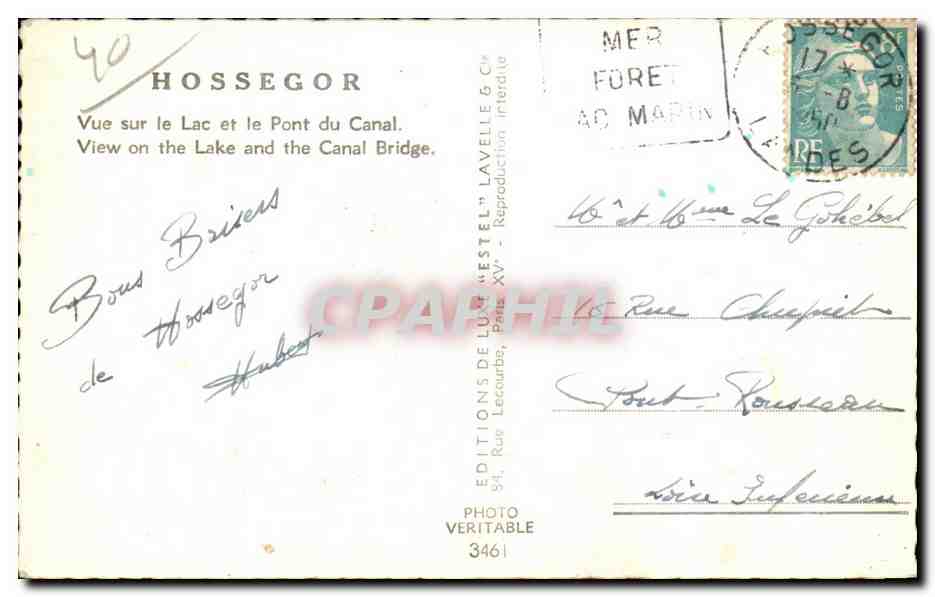 Hossegor — Vue sur le Lac et le Pont du Canal — Éditeur Estel, n° 3461 — Verso