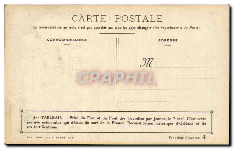 CPA Militaria Prise du fort et du pont des Tourelles par Jeanne le 7 mai  — Rückseite