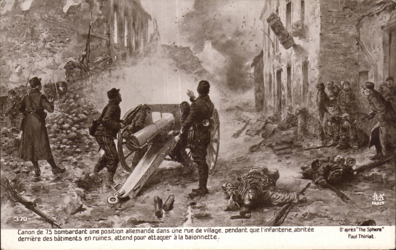 CPA Militaria Canon de 75 bombardant une position allemande dans une rue de village 