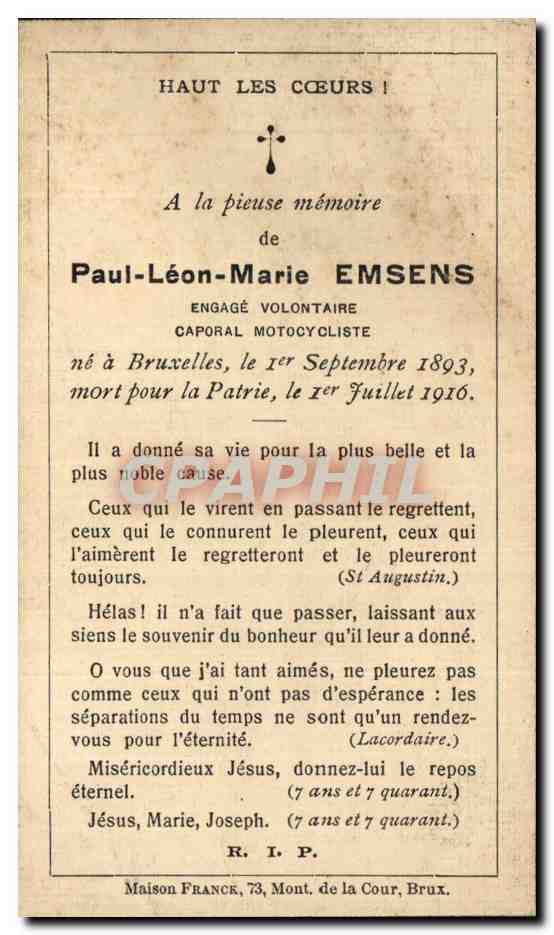 Carte format carte de visite Paul Leon Marie Emsens engage volontaire Caporal motocyclise 1893 1916 — Rückseite