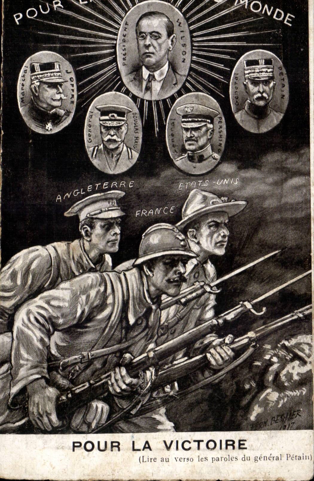 CPA Militaria Pour la liberte du monde Pour la victoire General Petain Wilson Joffre