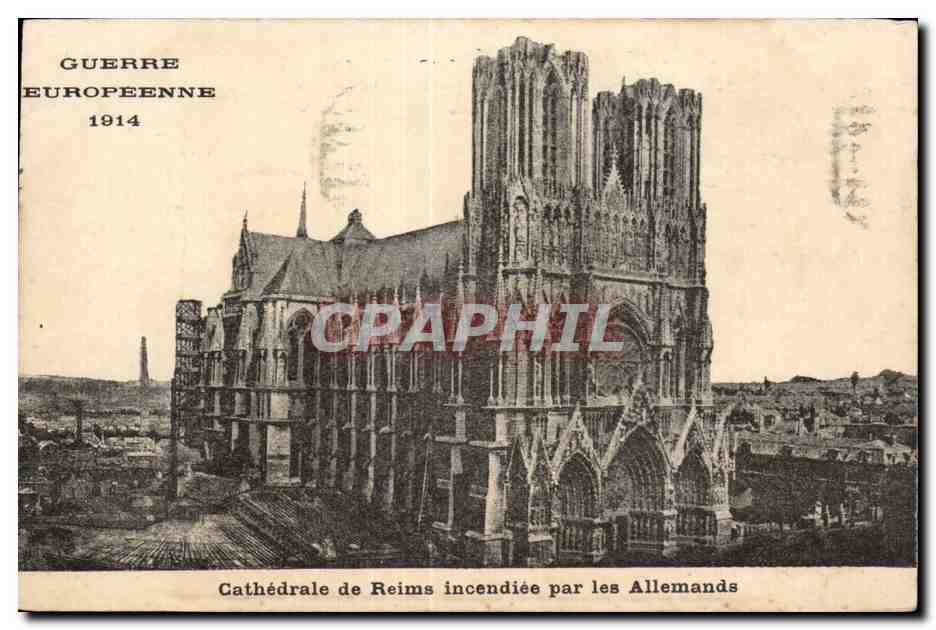 Tarjeta postal antigua Militaria Catedral de Reims incendiada por los alemanes