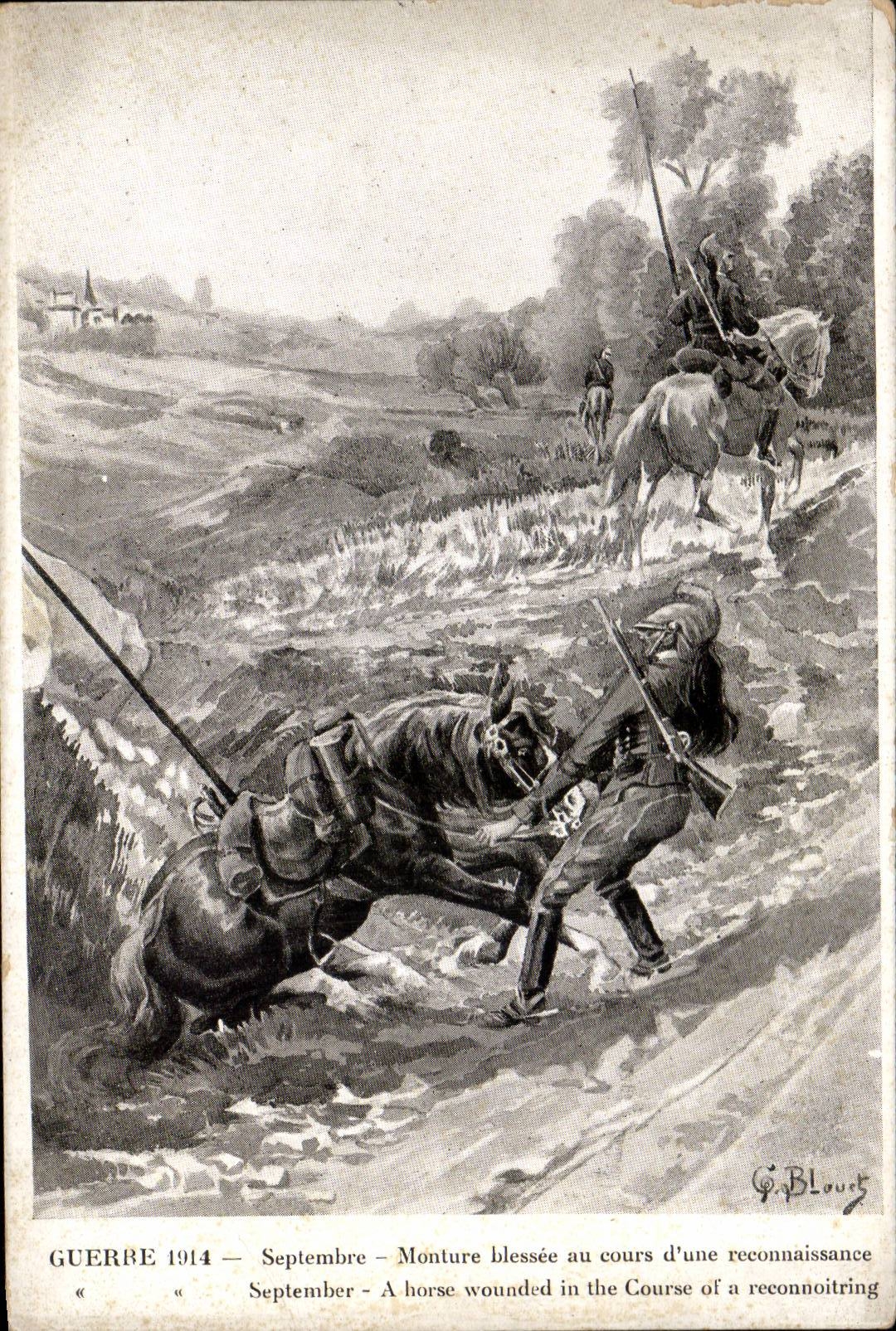 CPA Militaria Guerre 1914 Septembre Monture blessee au cours d une reconnaissance Cheval Horse Dragon 