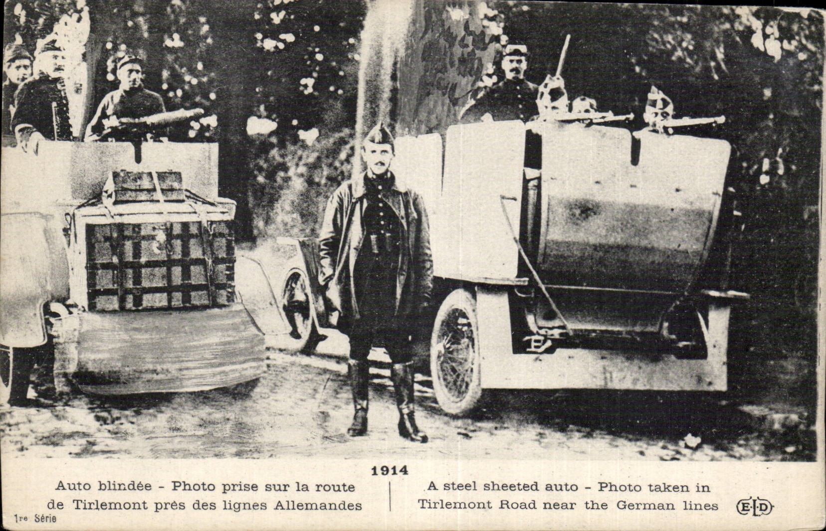 CPA Militaria Auto blindee Photo prise sur la route de Tirlemont pres des lignes allemandes