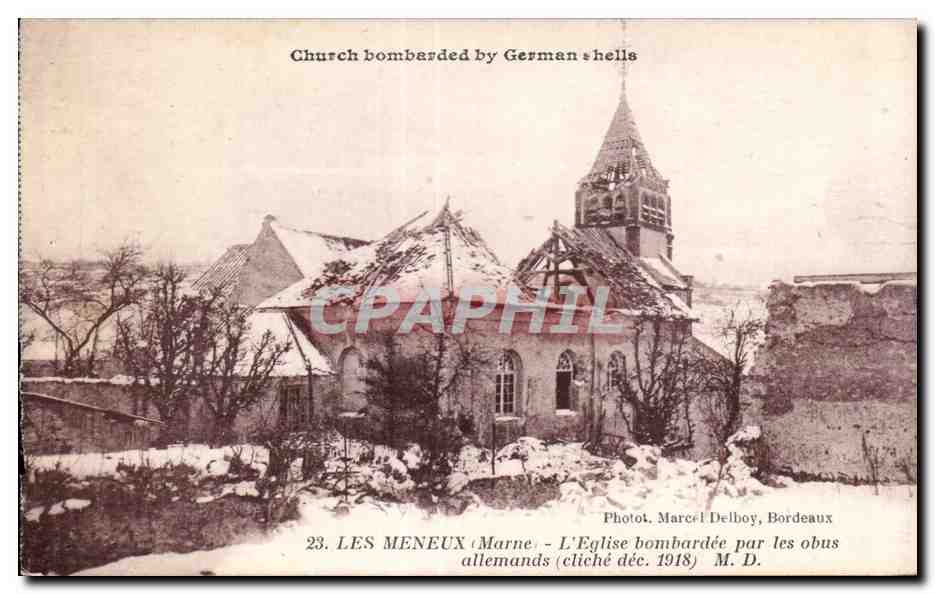 CPA Militaria Les ruines de la grande guerre Les meneux L eglise bombardee par les obus allemands