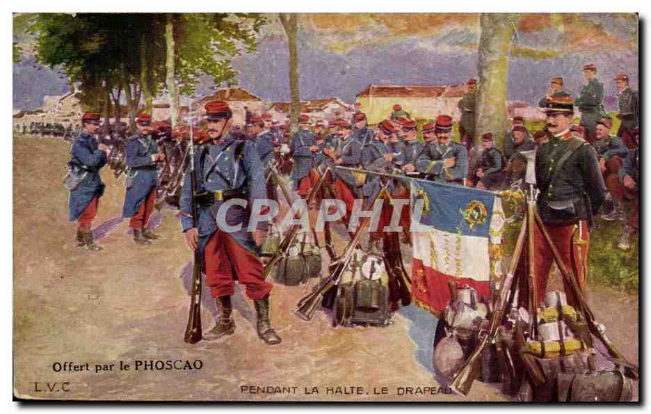 CPA Militaria Guerre de 1914 Pendant la halte Le drapeau Uniforme