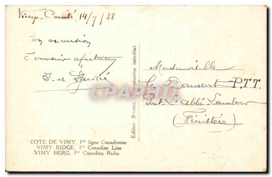 CPA Militaria Guerre de 1914 Canadian Front line  — Rückseite