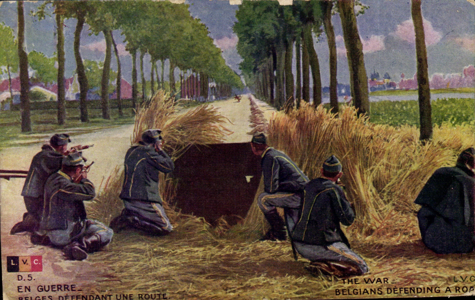 CPA Militaria En guerre Belges defendant une route 