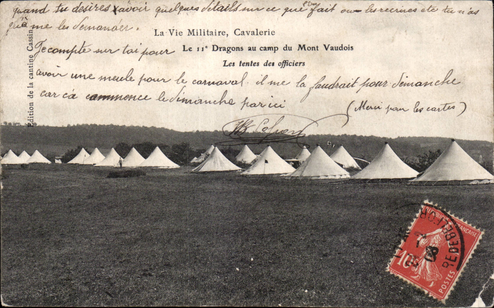 CPA Militaria La guerre de 1914 La vie militaire Cavalerie Le 11eme Dragons au camp du Mont Vaudois 