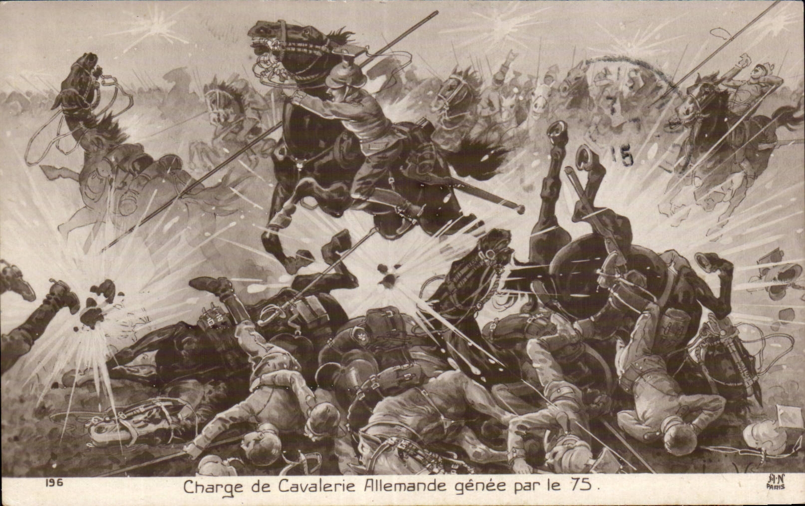 CPA Militaria Charge de cavalerie allemande genee par le 75