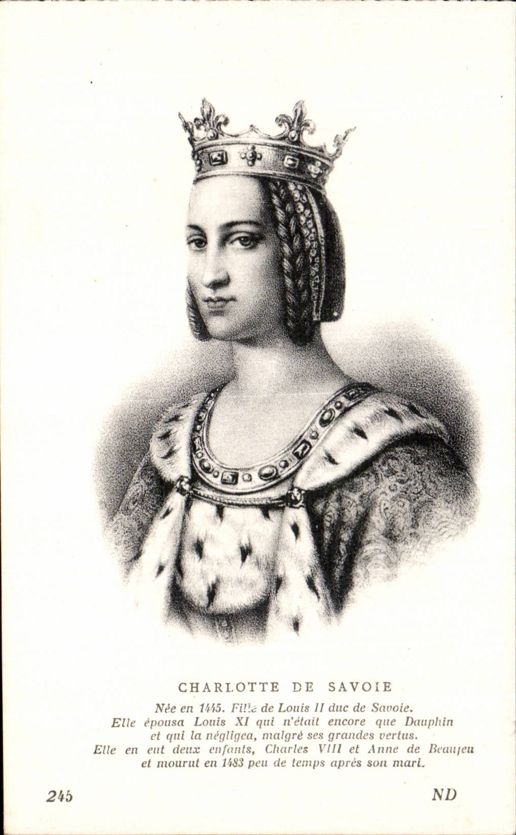 Charlotte de Savoie — Portrait gravé — CPAPHIL n°245