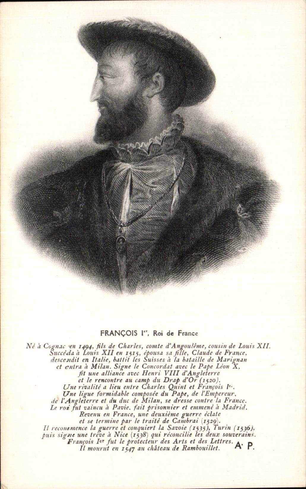François Ier, Roi de France — portrait gravé avec texte biographique — A. P.