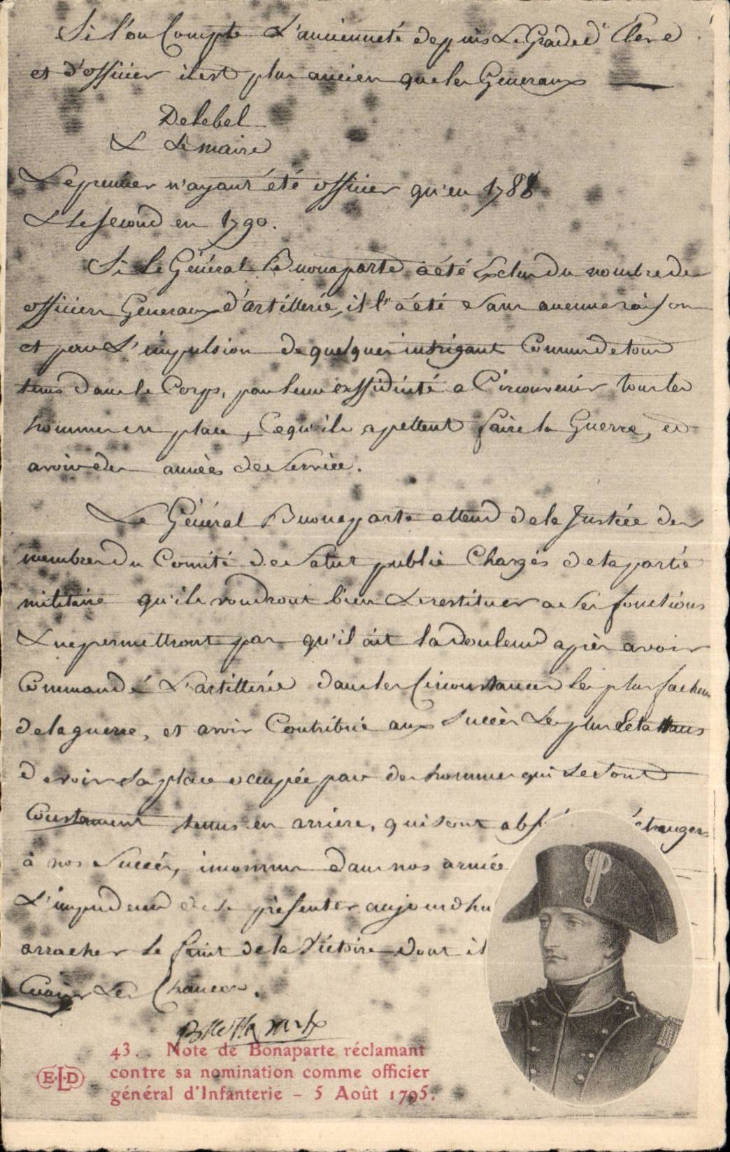 Napoléon Bonaparte — Note de Bonaparte réclamant contre sa nomination comme officier général d'infanterie — 5 Août 1795 — Édition EDP, n°43