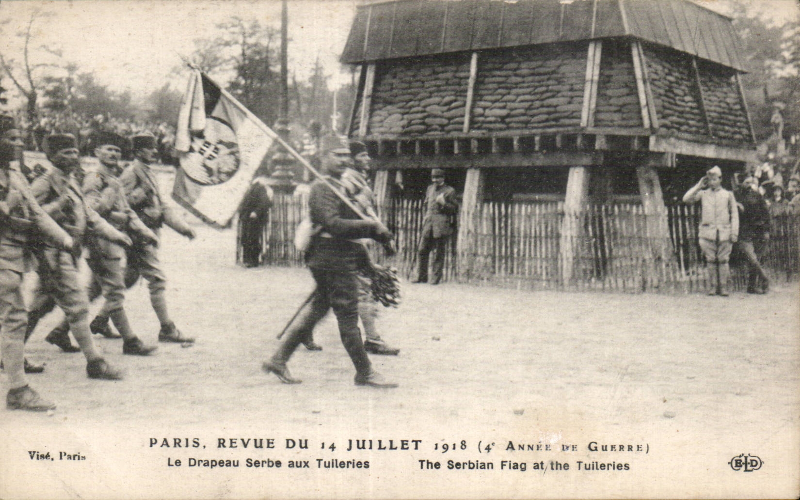 Paris, Revue du 14 juillet 1918 — Le drapeau serbe aux Tuileries — éditeur B.D. n° 157
