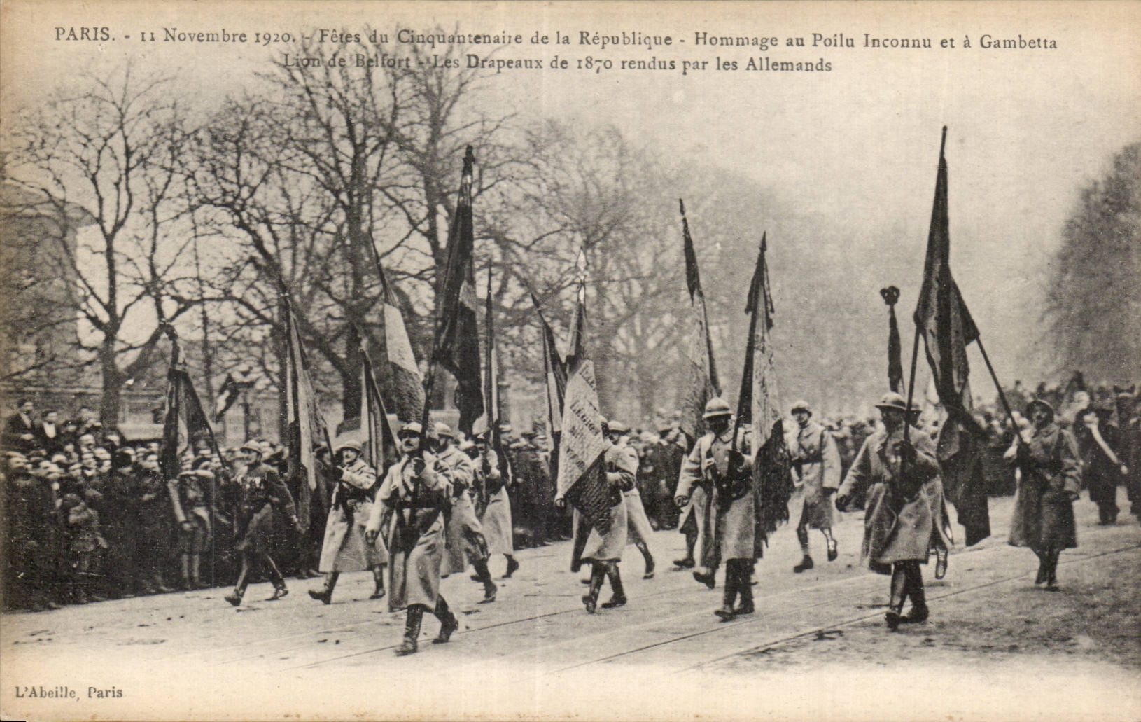CPA Militaria Paris 11novembre 1920 Fetes cinquantenaire de la Republique Hommage au Poilu et Gambetta Lion de Belfort 